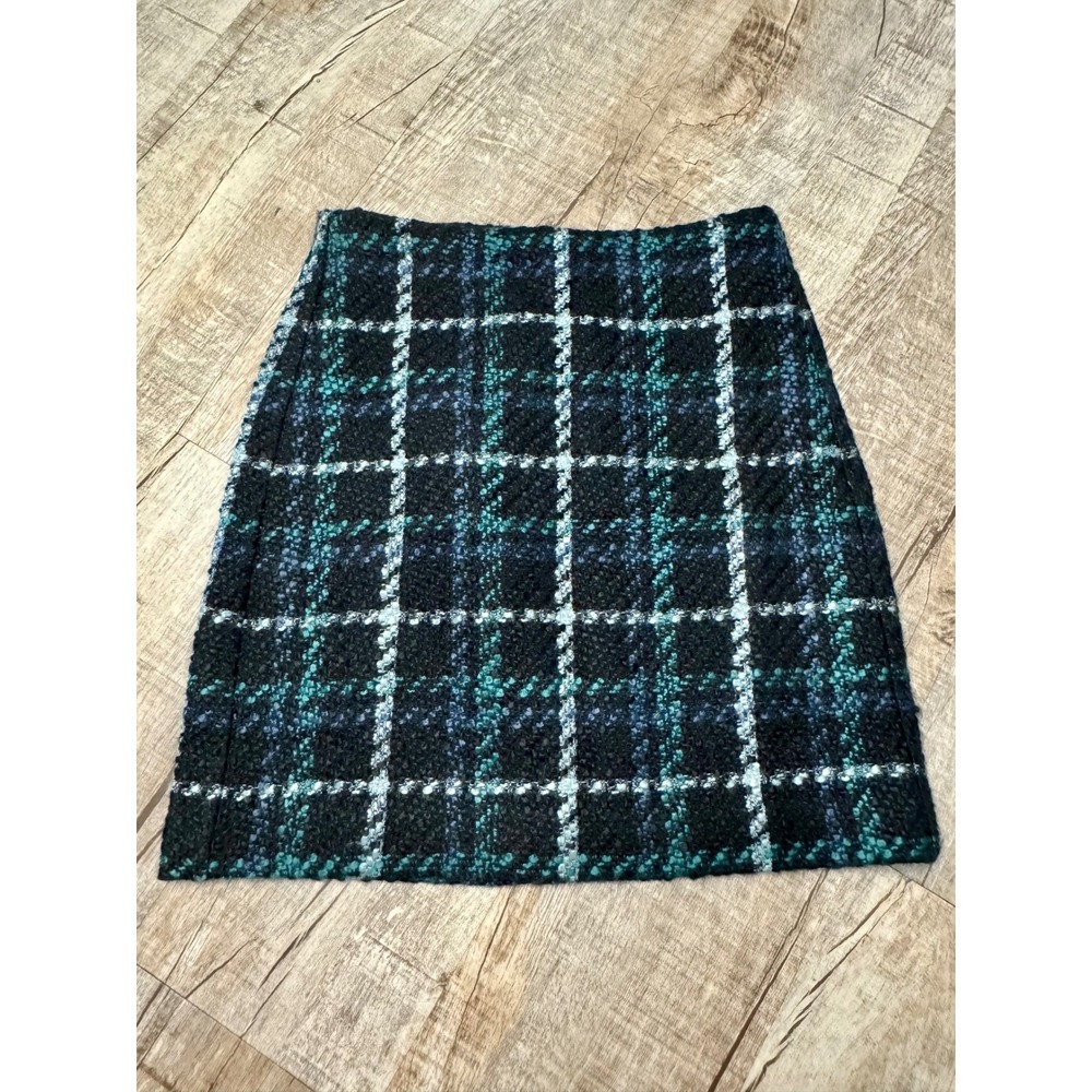Loft Outlet Petite Plaid Tweed Mini Skirt Teal Navy Blue‎ Wool Blend Size 0P